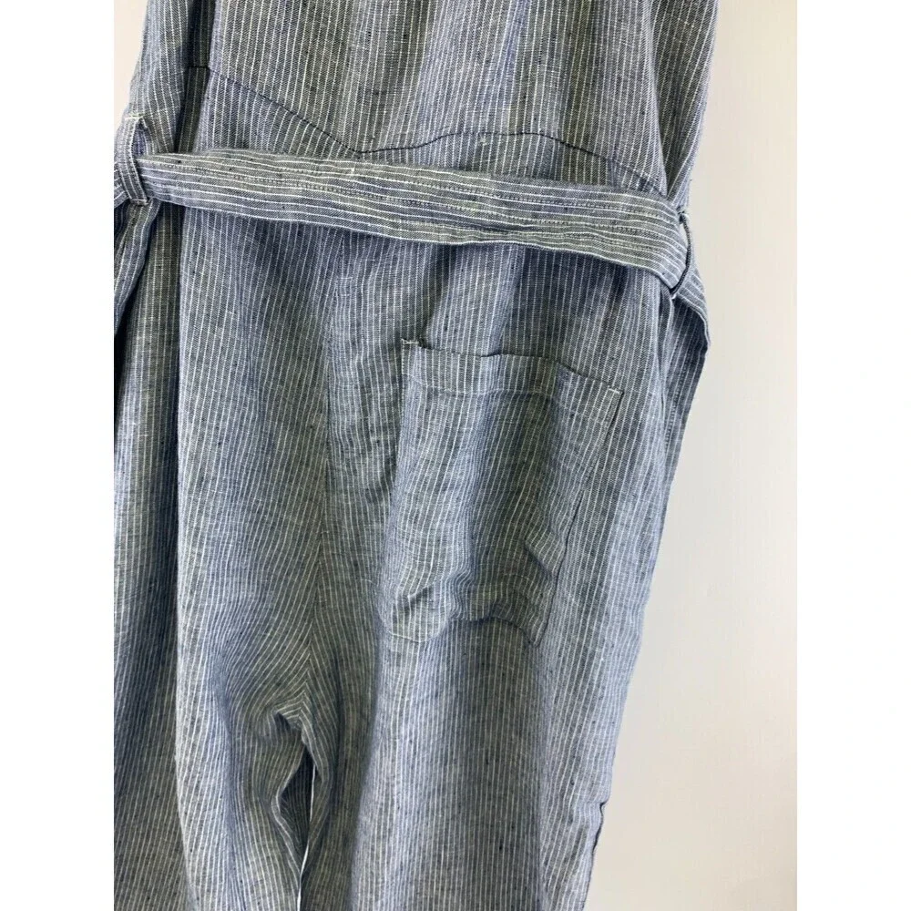 Everlane Linen Picnic Jumpsuit Blue Pinstriped Button Belted Adjustable Womens 6
